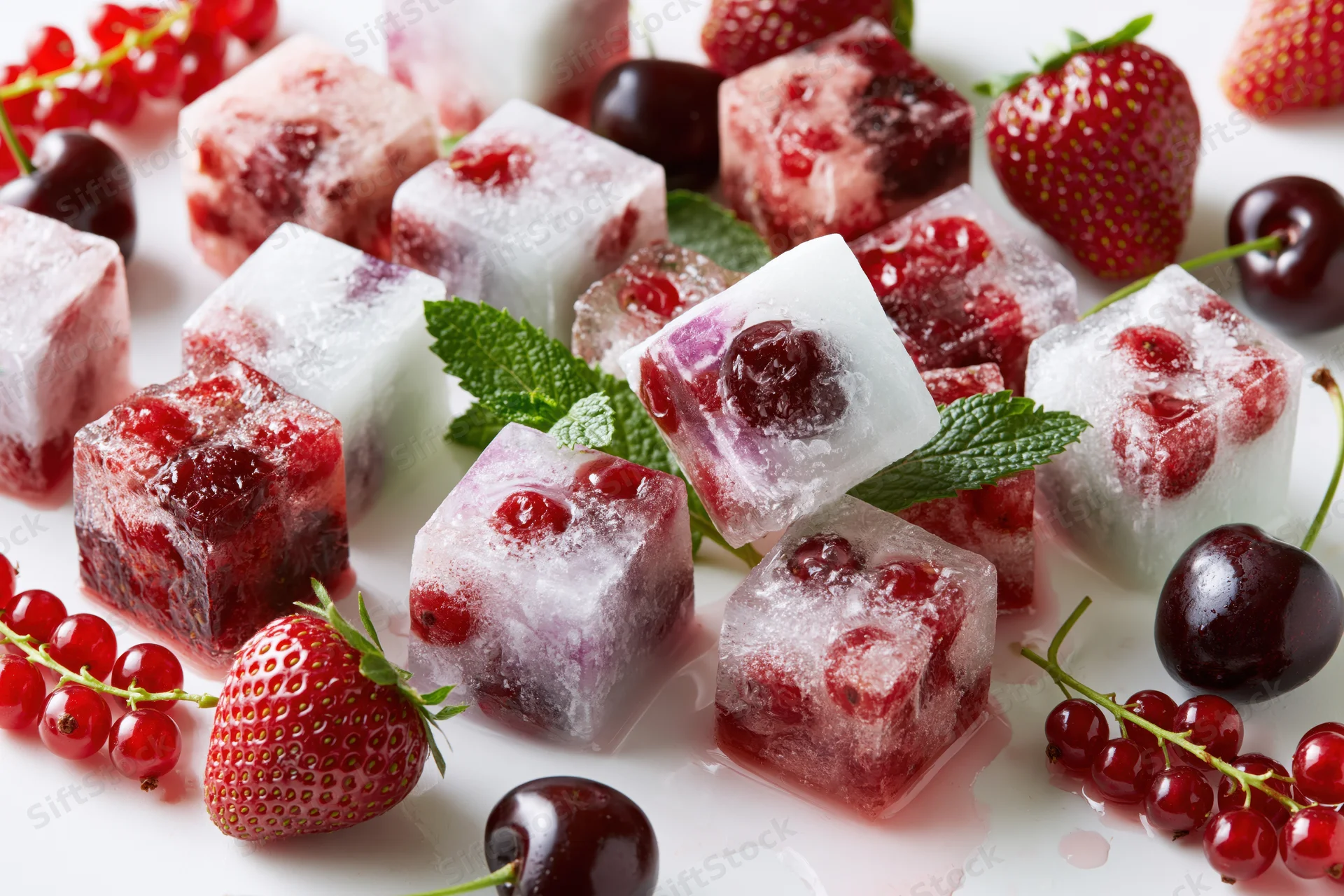 Frozen fruit ice cubes with mint and berries scattered on white surface