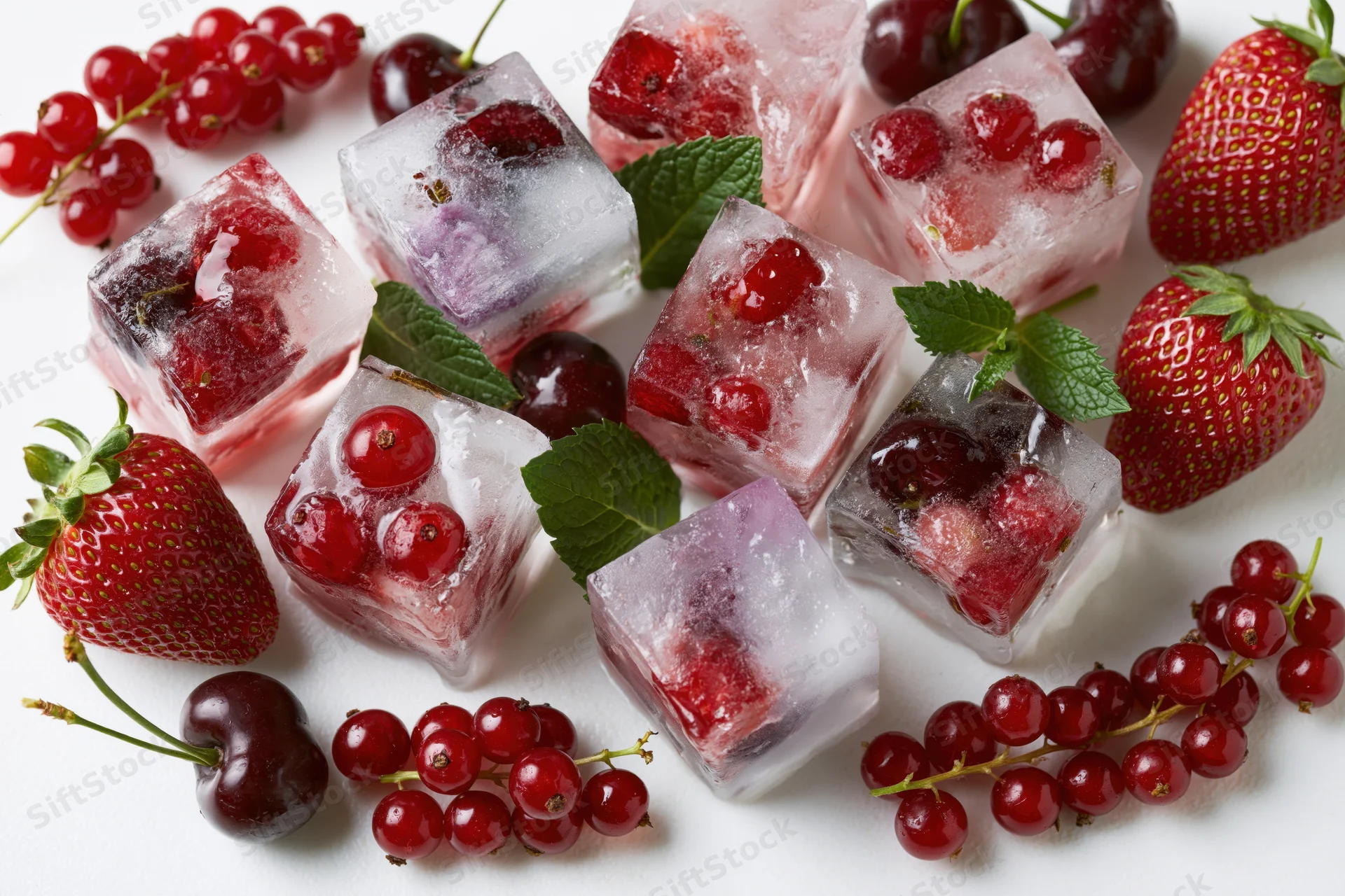 Ice cubes with frozen berries and mint leaves arranged on white surface