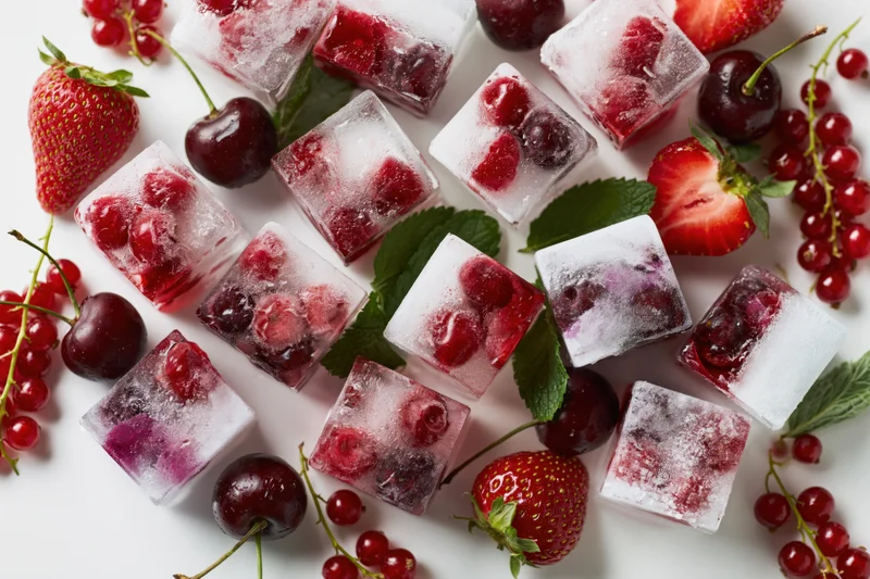 Frozen berries and mint scattered with ice cubes on white surface