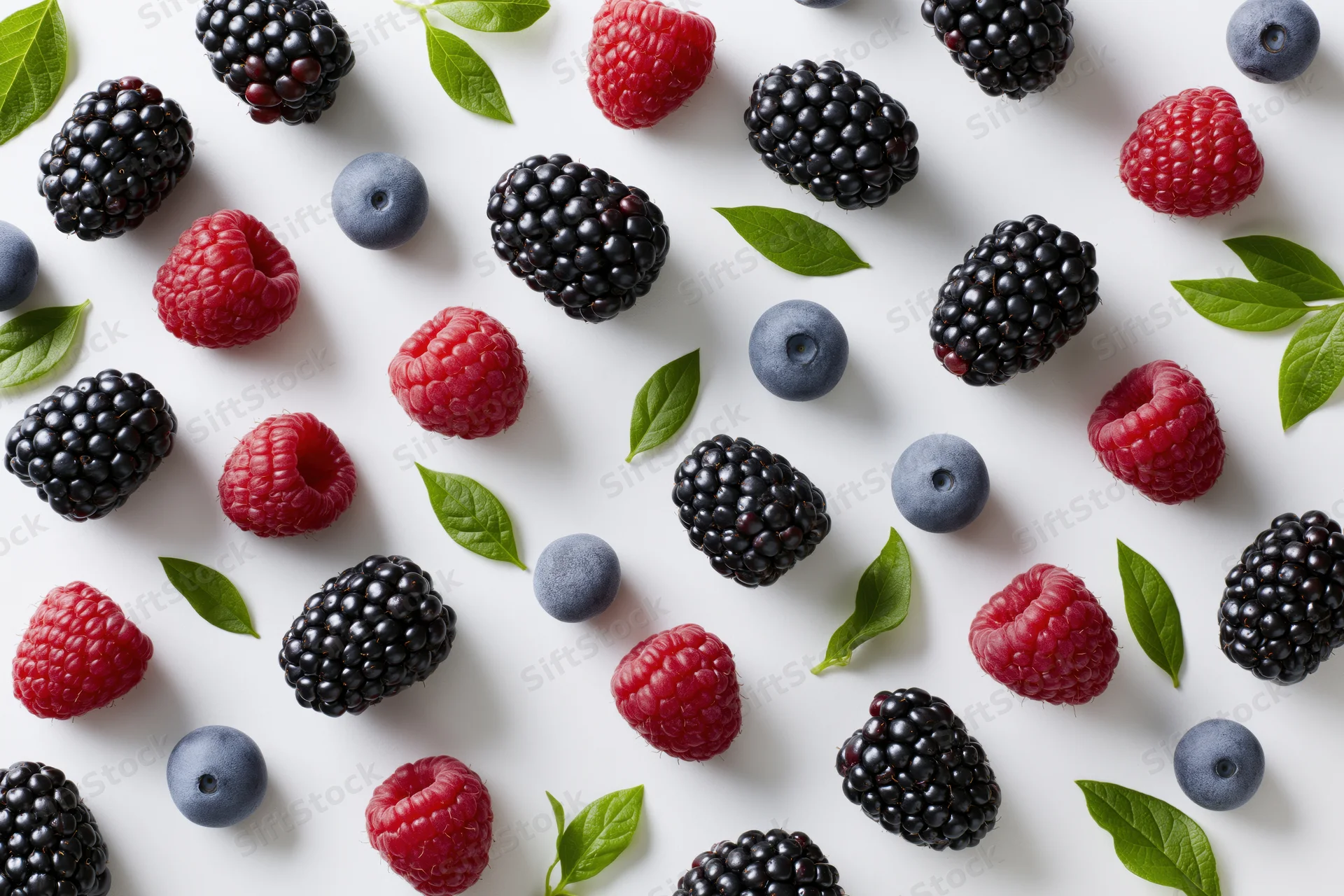 Scattered blackberries raspberries and blueberries with green leaves on white surface