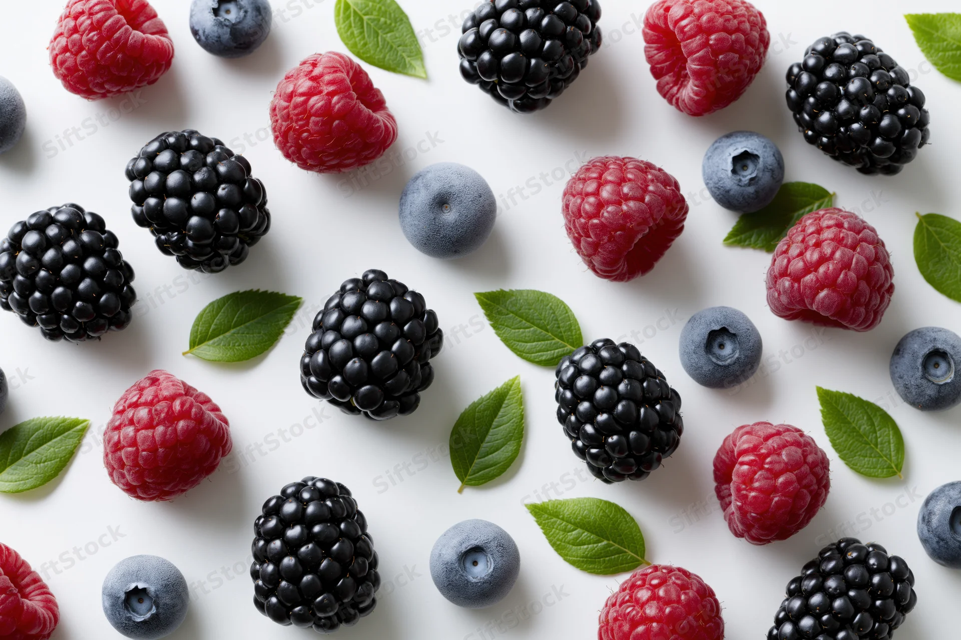 Scattered fresh blackberries raspberries and blueberries with green leaves on white background