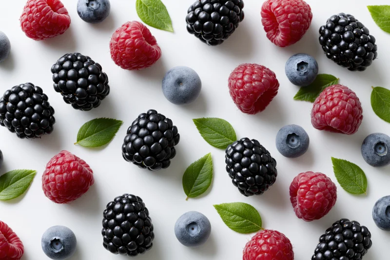 Scattered fresh blackberries raspberries and blueberries with green leaves on white background