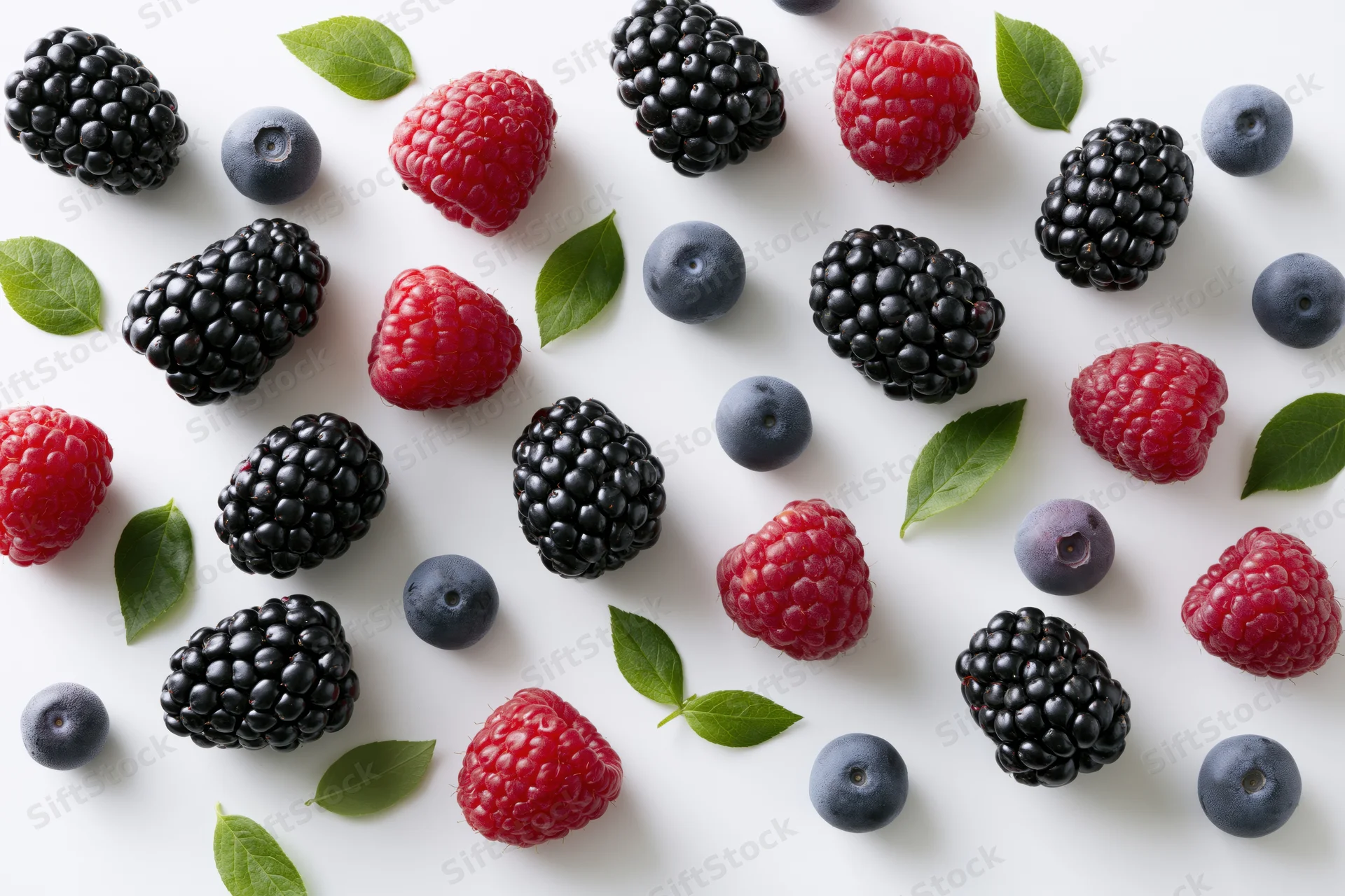 Scattered blackberries raspberries and blueberries with green leaves on white surface