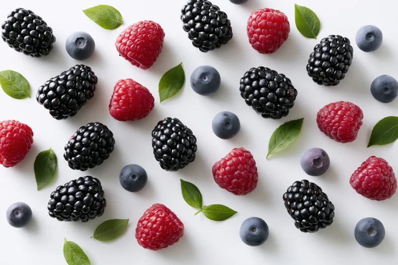 Scattered blackberries raspberries and blueberries with green leaves on white surface