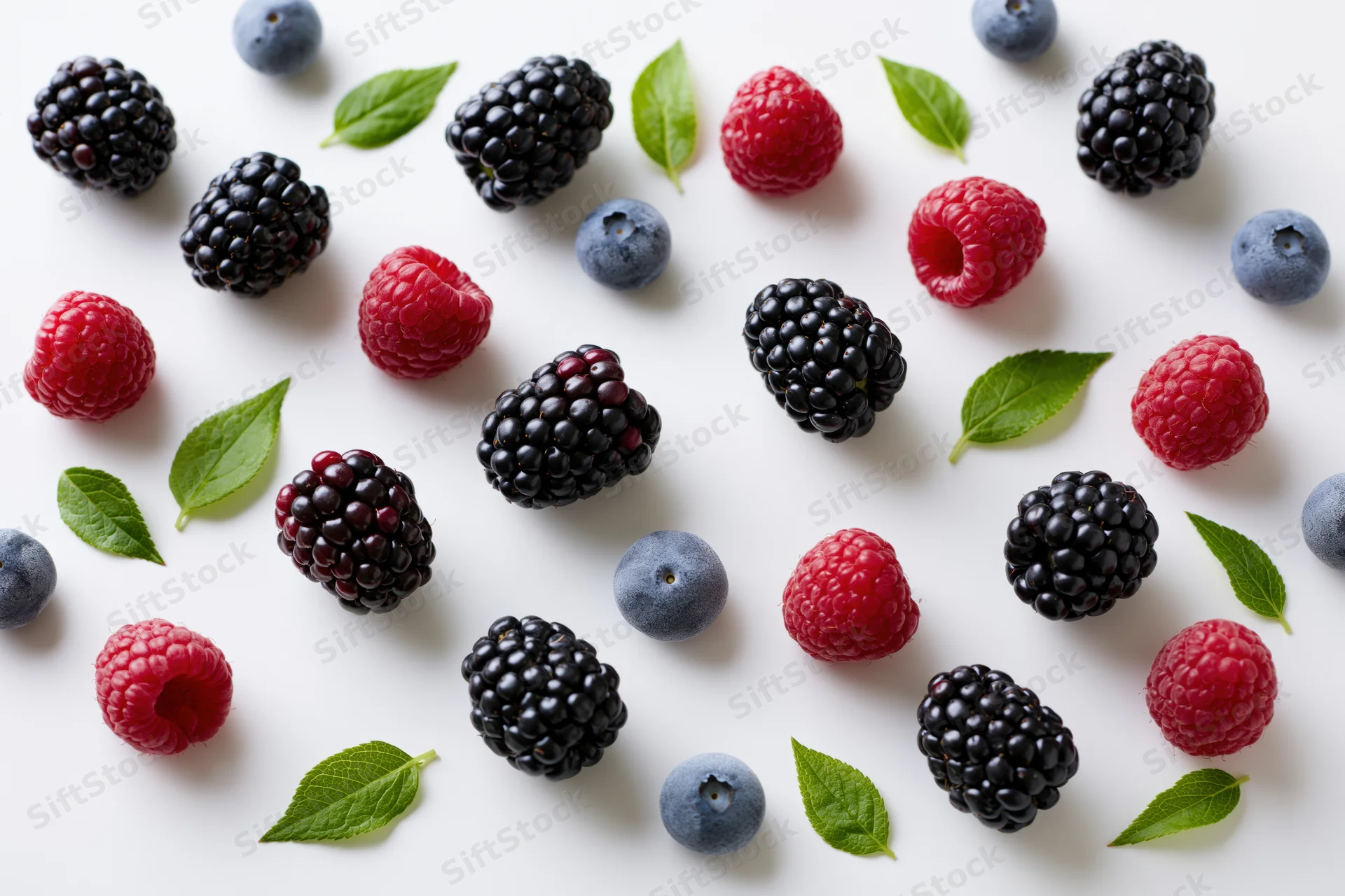 Scattered blackberries raspberries and blueberries with green leaves on white surface