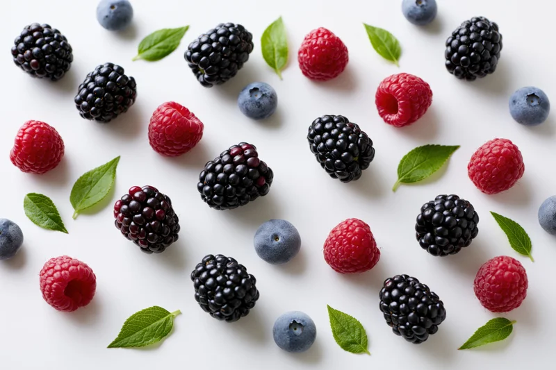 Scattered blackberries raspberries and blueberries with green leaves on white surface