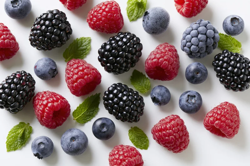 Scattered mix of fresh blackberries raspberries and blueberries with mint leaves on white background