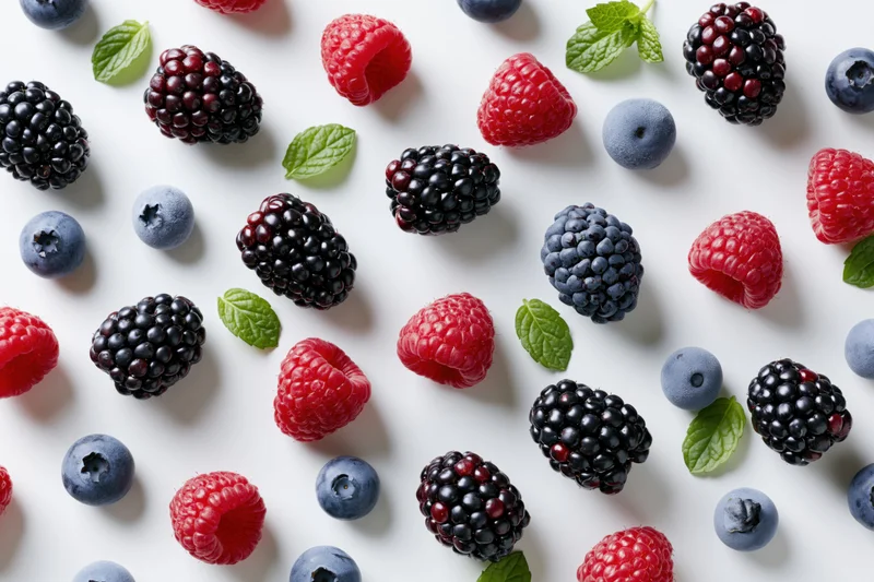 Scattered mix of fresh blackberries raspberries and blueberries with mint leaves on white surface