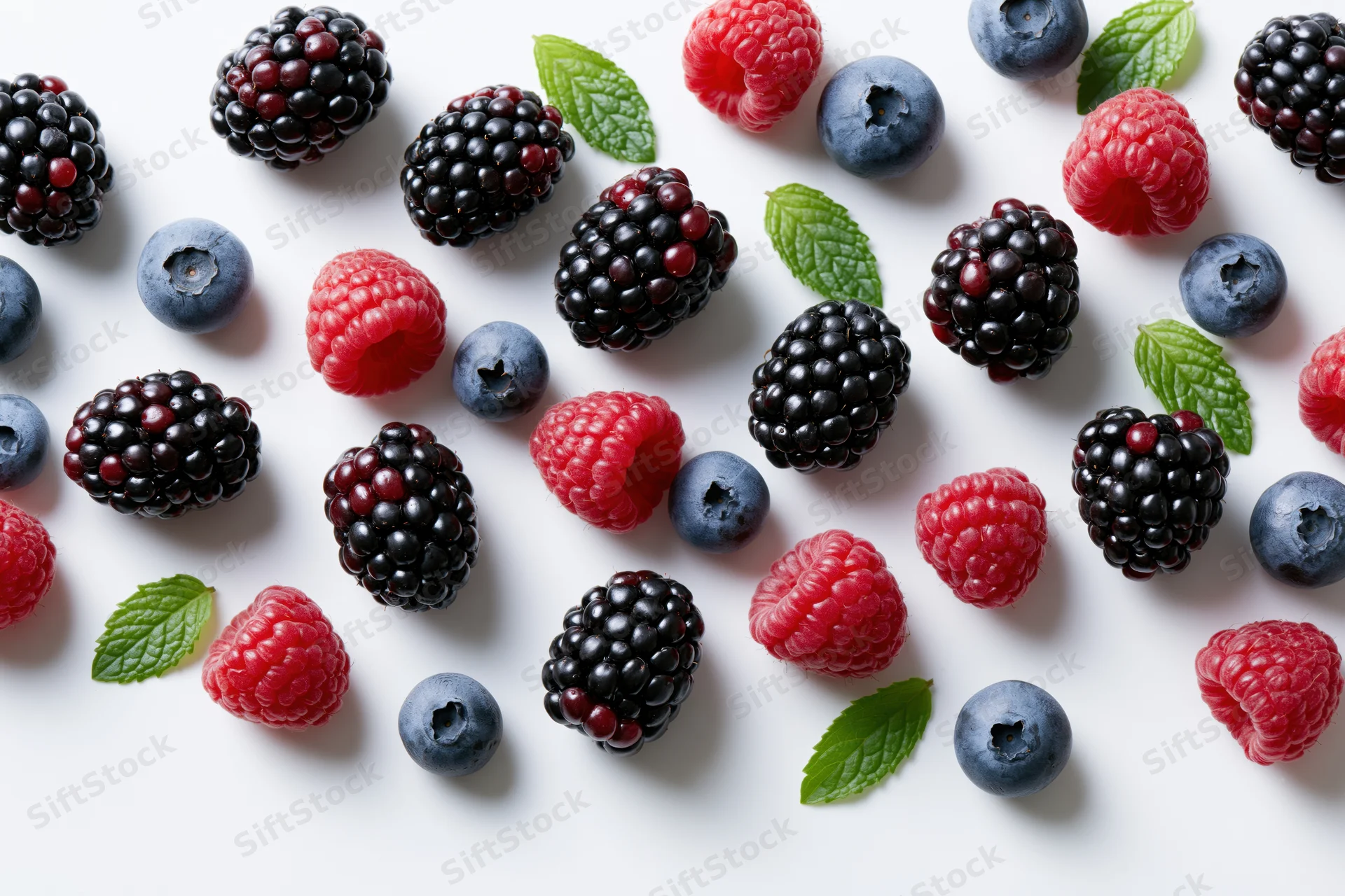 Scattered blackberries raspberries and blueberries with mint leaves on white surface