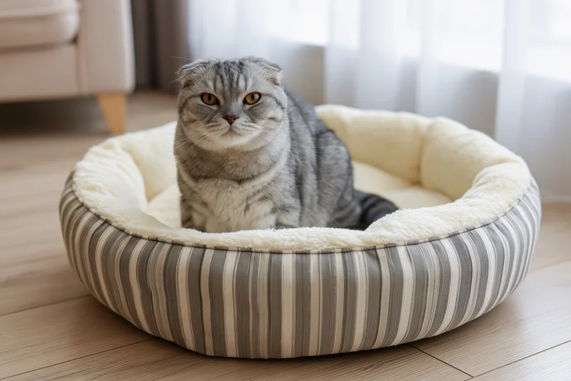 Scottishfold cat sitting in striped fabric pet bed on wooden floor looking directly at camera