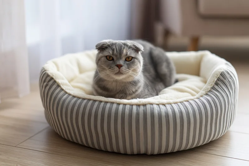 Scottishfold cat resting in striped fabric pet bed on wooden floor near window