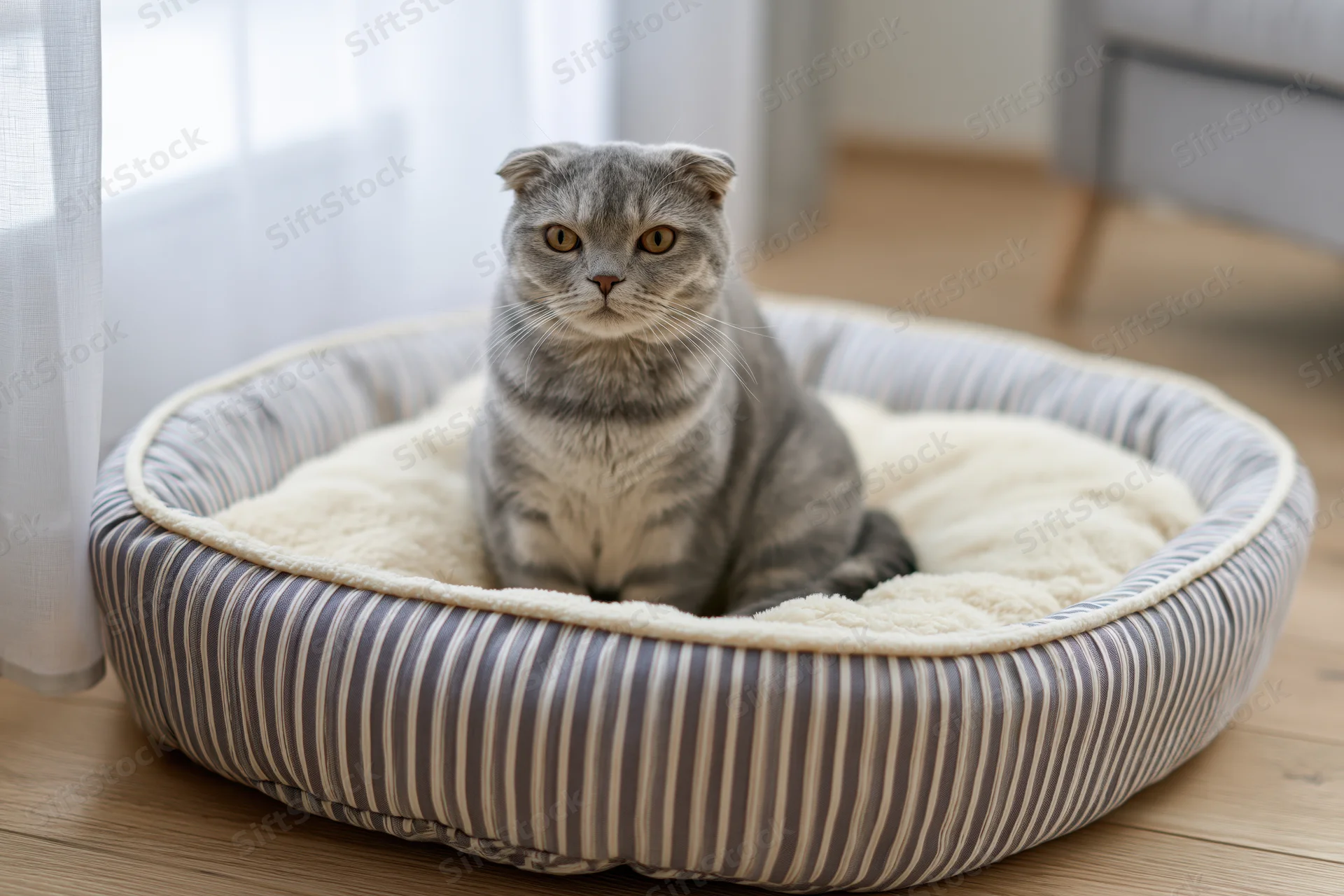 Scottishfold cat sitting in striped fabric pet bed on wooden floor near window