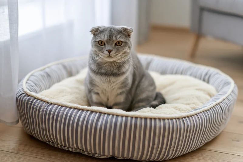 Scottishfold cat sitting in striped fabric pet bed on wooden floor near window