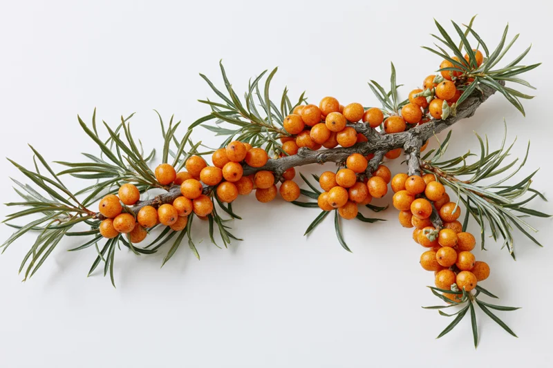Sea buckthorn branch with clusters of orange berries and green leaves on white background