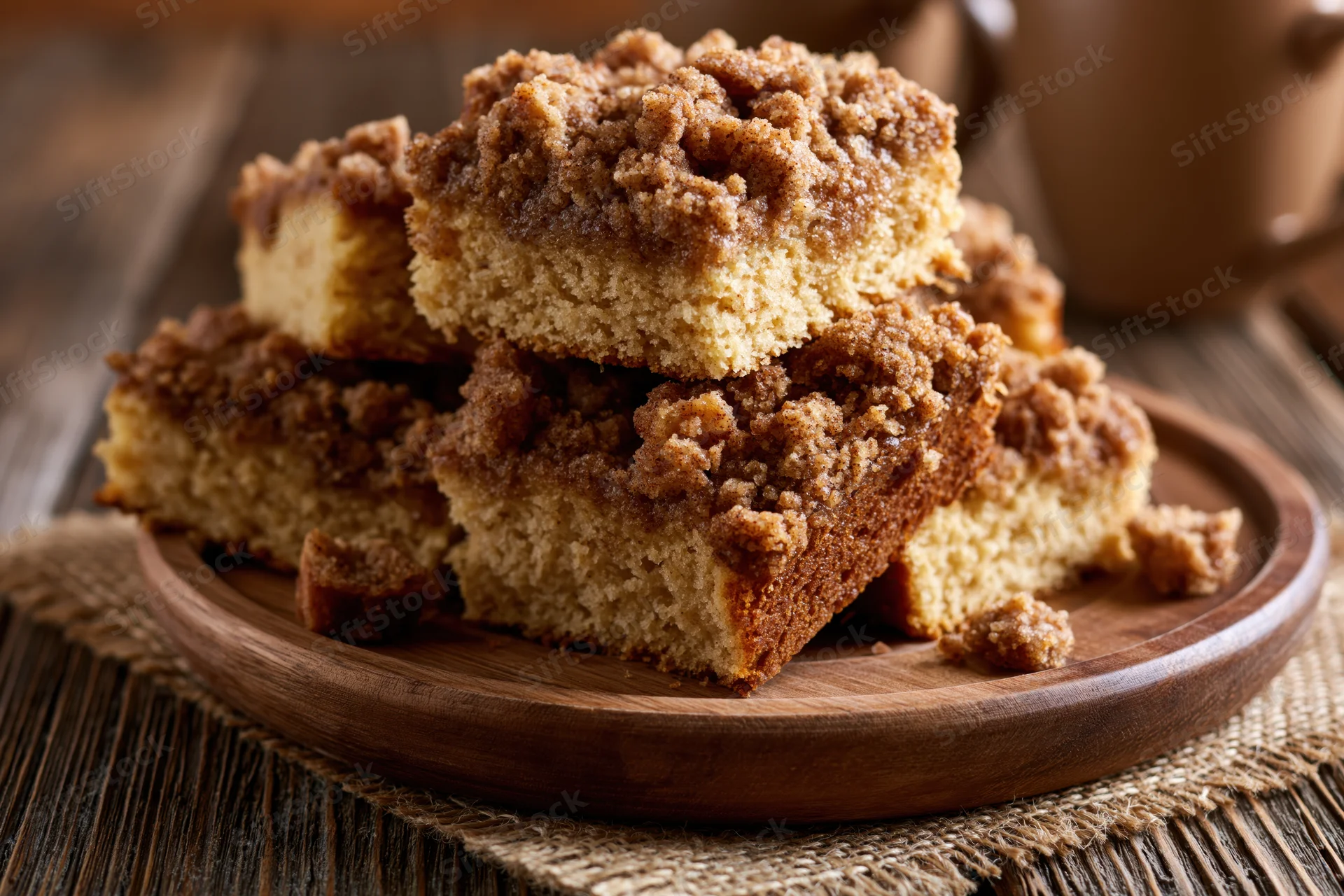 Stacked slices of cinnamon streusel coffee cake on a wooden plate on a rustic table