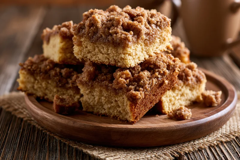 Stacked slices of cinnamon streusel coffee cake on a wooden plate on a rustic table