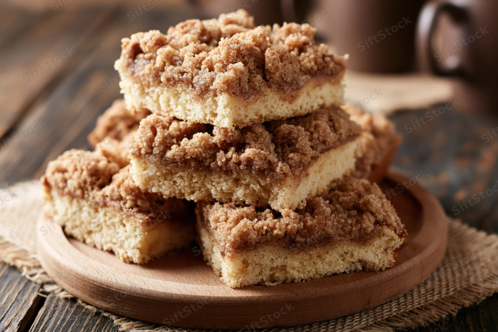 Stack of cinnamon streusel coffee cake slices on wooden plate on rustic table