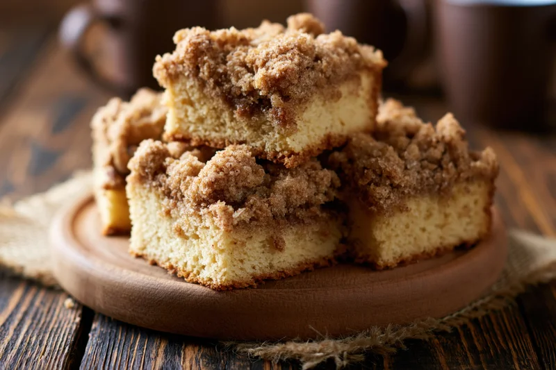 Stacked slices of cinnamon streusel coffee cake on a wooden plate on a rustic table