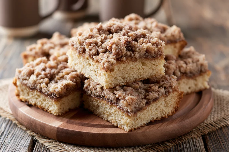 Square slices of cinnamon streusel coffee cake stacked on a wooden plate on a rustic table