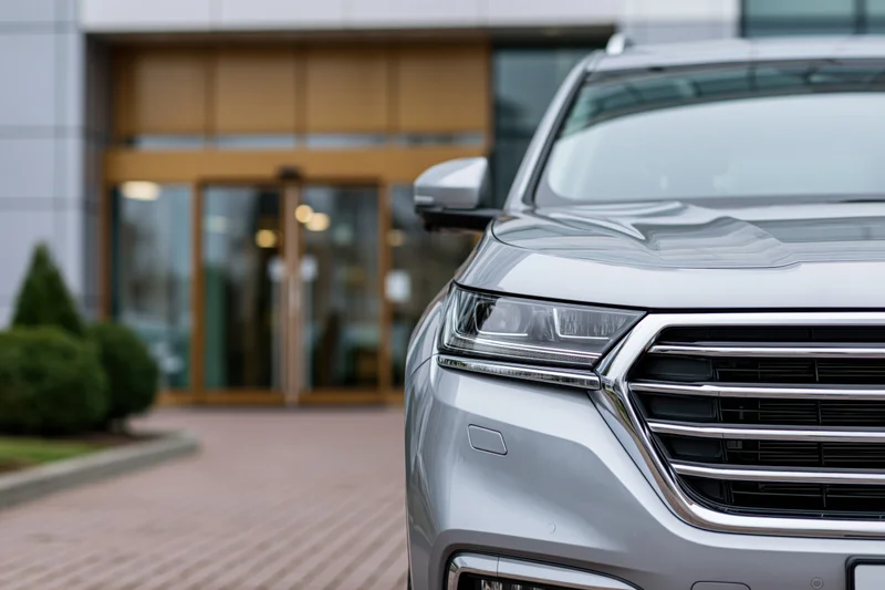 Silver mid-size suv parked in front of modern commercial building entrance
