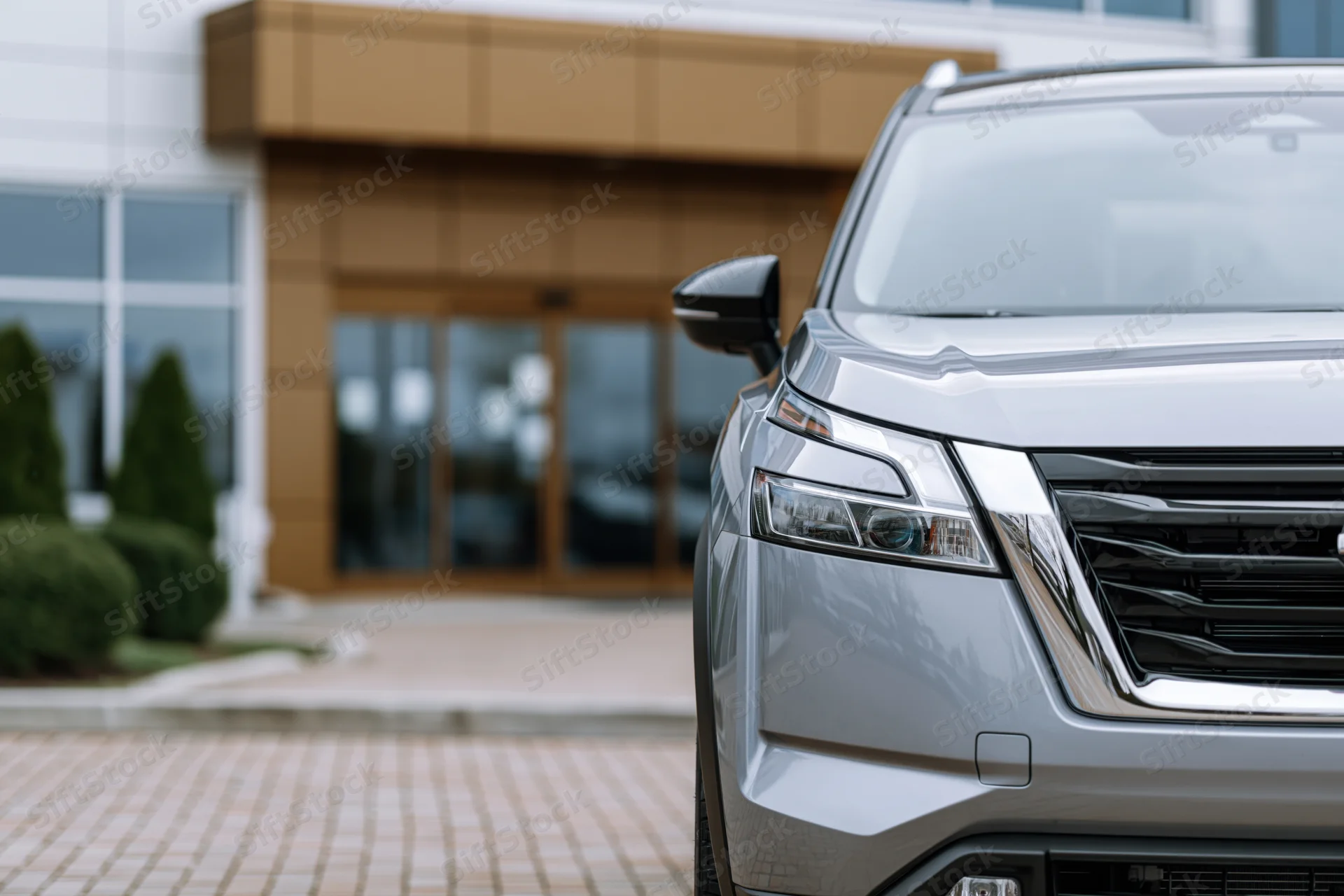 Silver mid-size suv parked in front of modern commercial building entrance