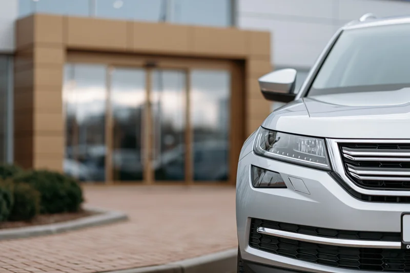 Silver suv parked in front of modern commercial building entrance
