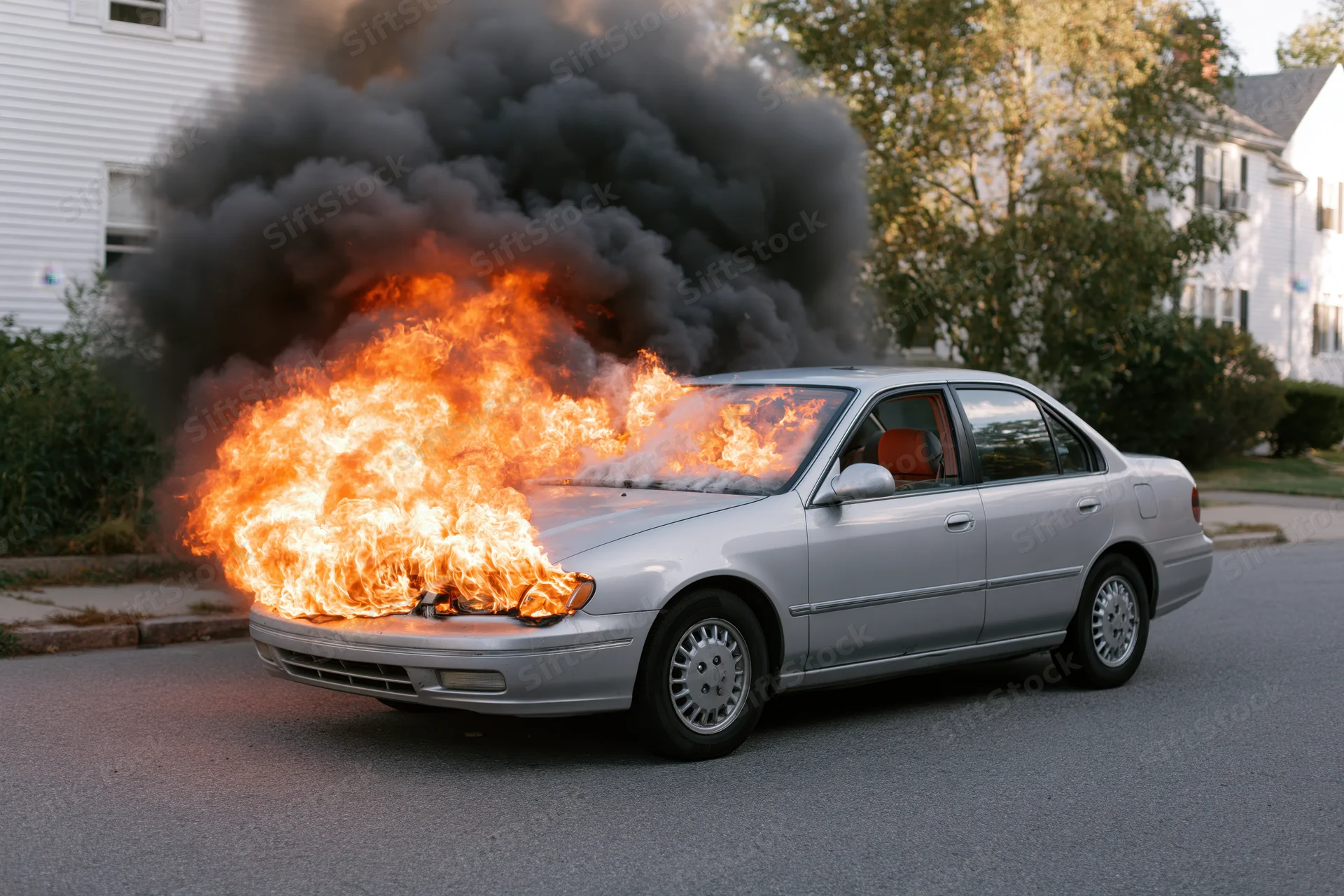 Silver sedan burning with flames and smoke on residential street