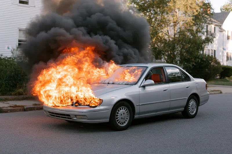 Silver sedan burning with flames and smoke on residential street
