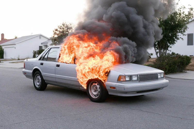 Silver sedan engulfed in flames on residential street