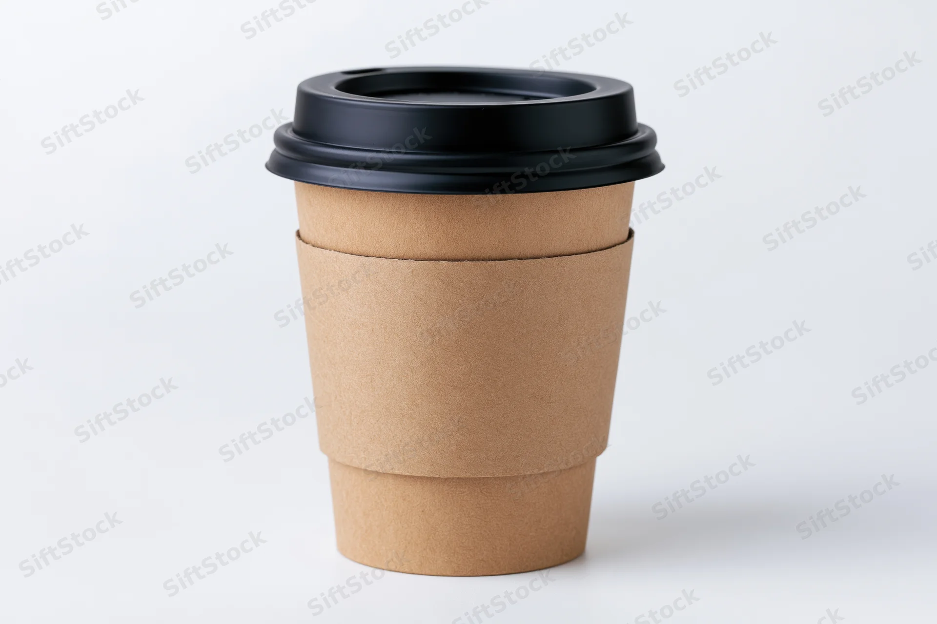 Brown paper coffee cup with black lid and sleeve on white background