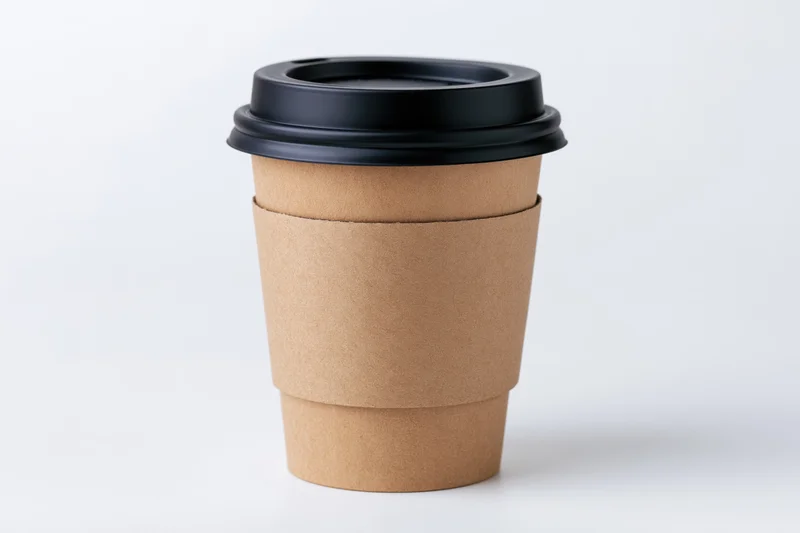 Brown paper coffee cup with black lid and sleeve on white background