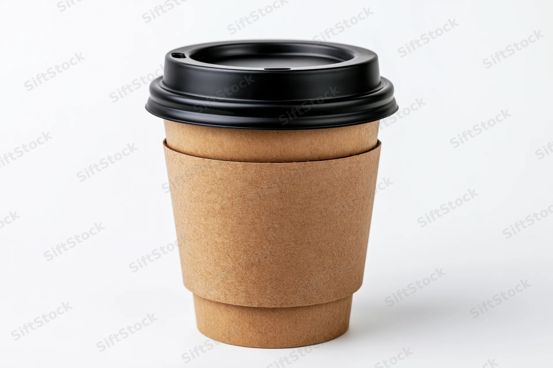 Disposable coffee cup with black lid and brown paper sleeve on white background