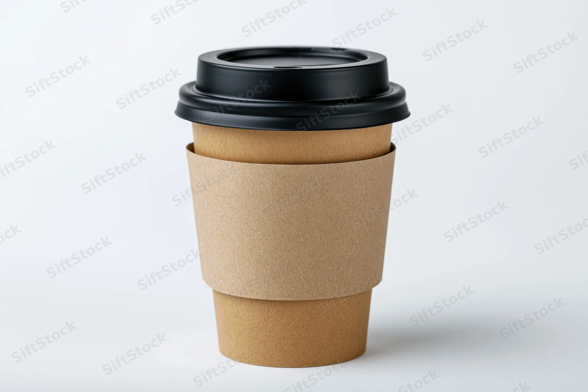 Disposable coffee cup with black lid and brown paper sleeve on white background