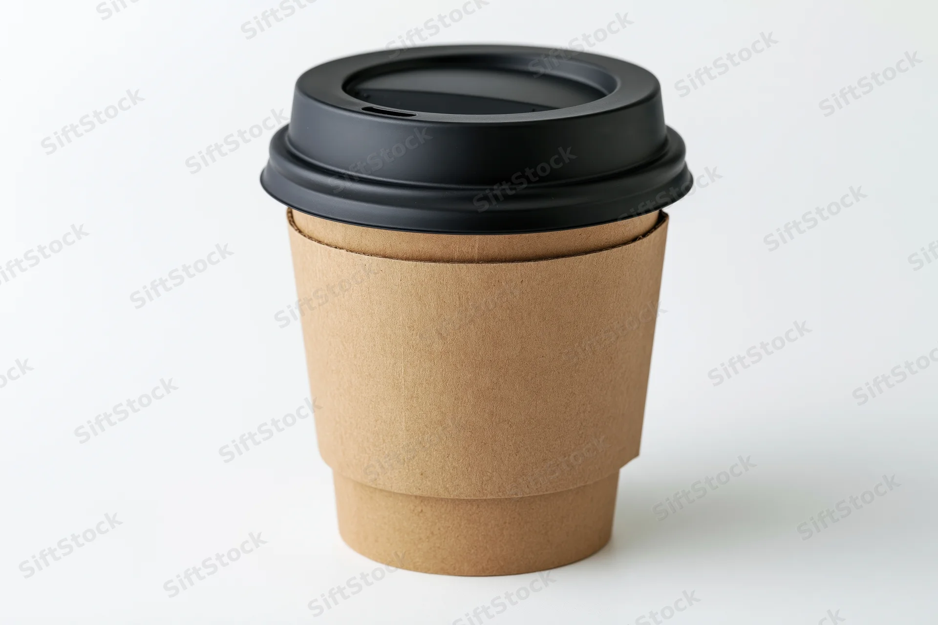 Disposable coffee cup with black lid and brown paper sleeve on white background