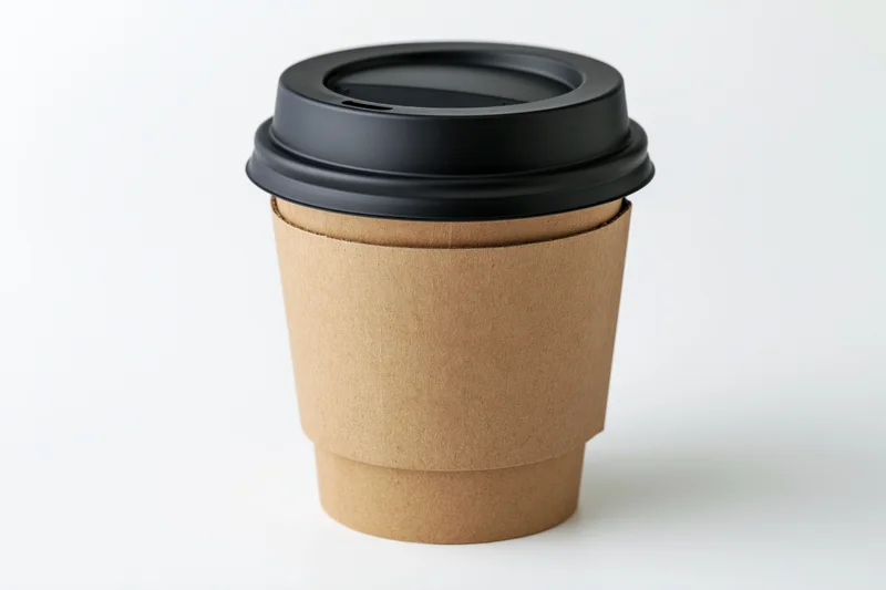 Disposable coffee cup with black lid and brown paper sleeve on white background