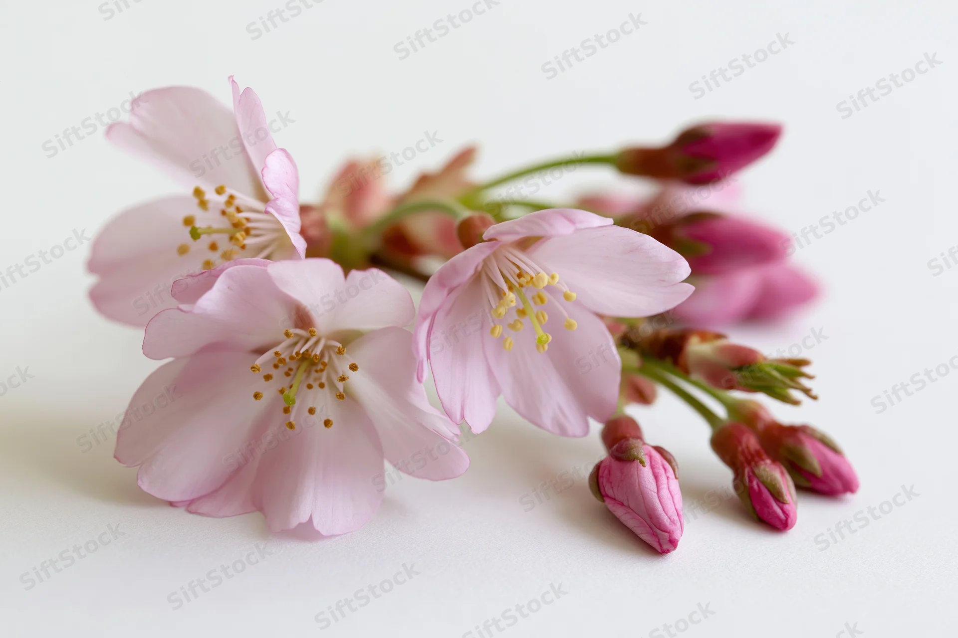 Cherry blossom branch with open pink flowers and buds on white background