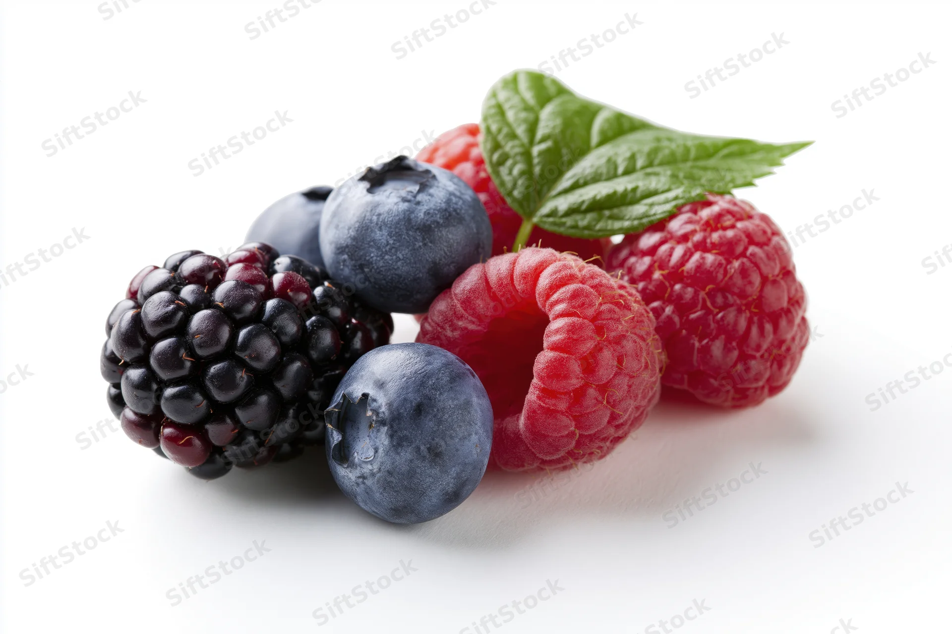 Mixed berries including blackberries, raspberries and blueberries arranged with a green leaf on a white background