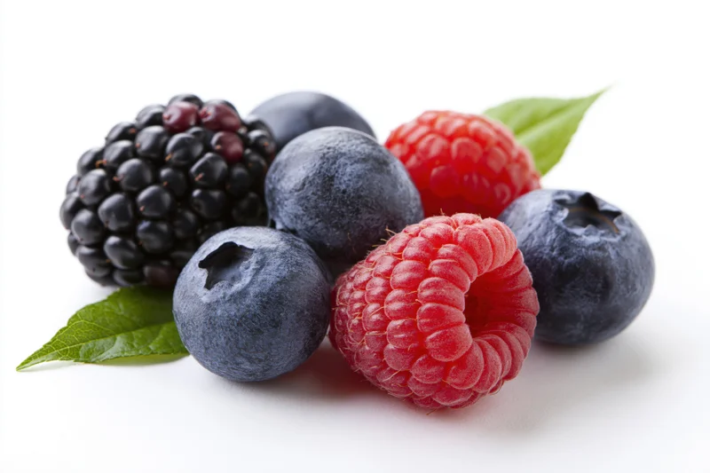Cluster of fresh blackberries, blueberries and raspberries with green leaves on white background