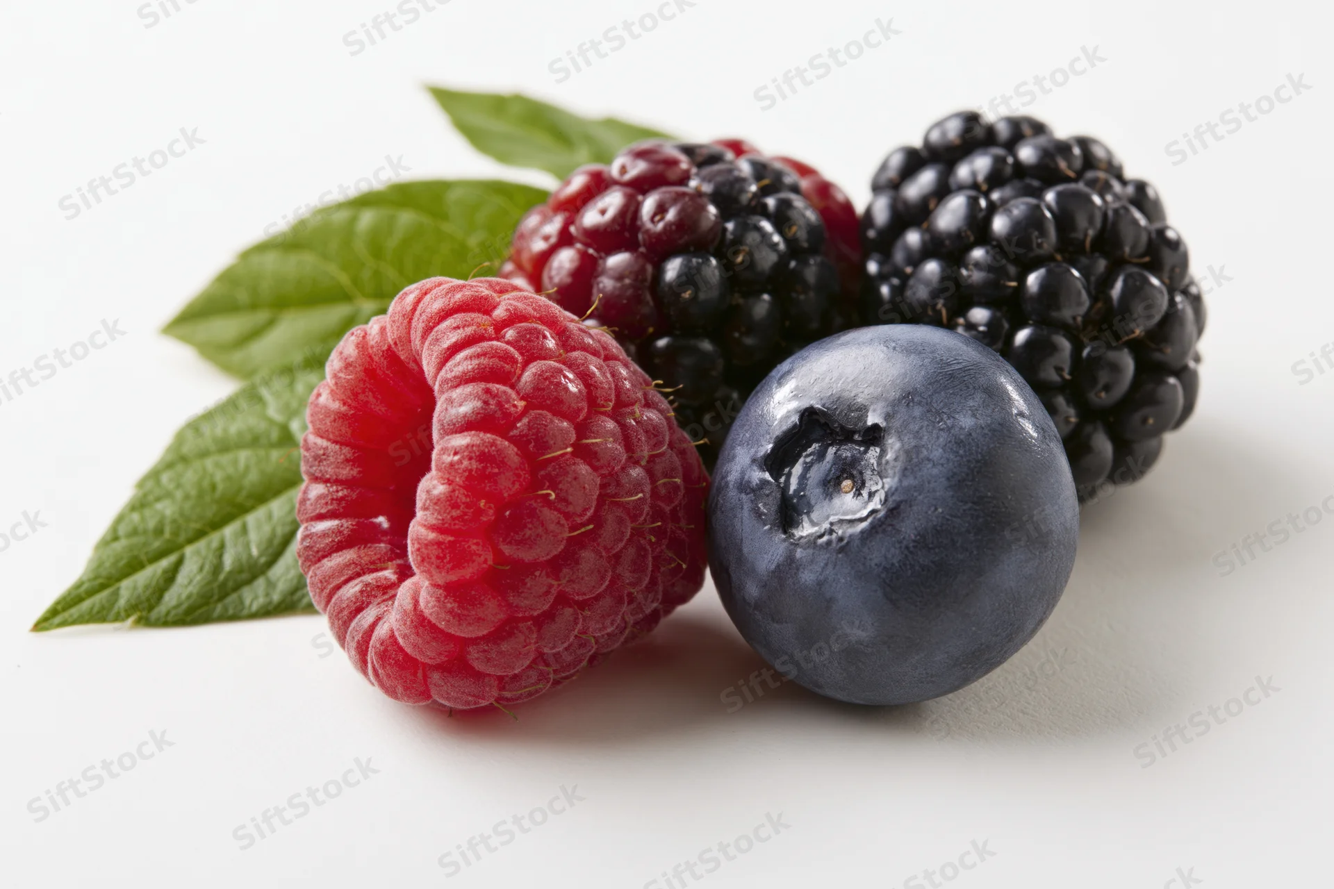 Fresh raspberry, blackberries and blueberry with green leaf on white background