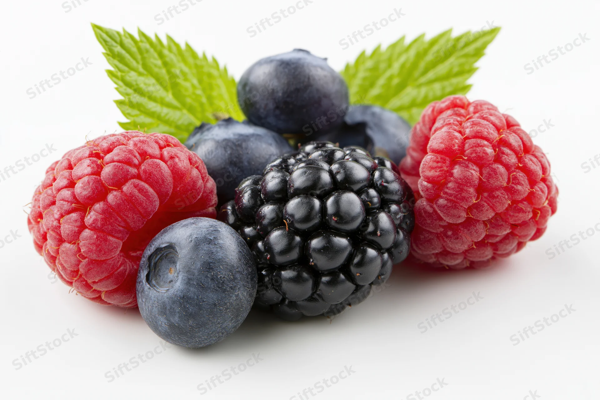 Mixed fresh berries including raspberry blueberry and blackberry with green leaves arranged on white background