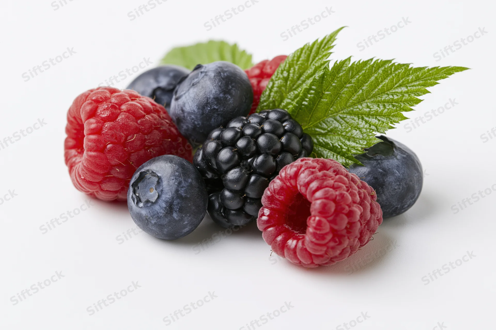 Mixed fresh berries with green leaves arranged on white surface