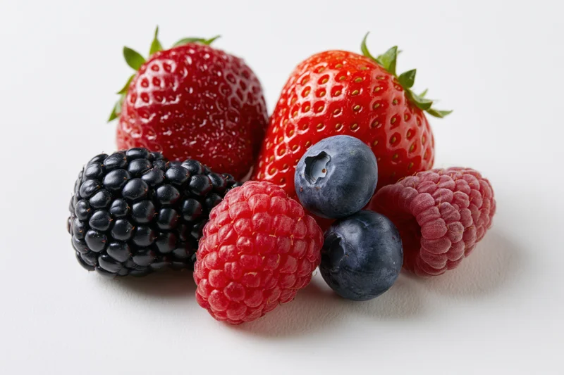 Cluster of fresh strawberries, raspberries, blueberries and blackberries on white background