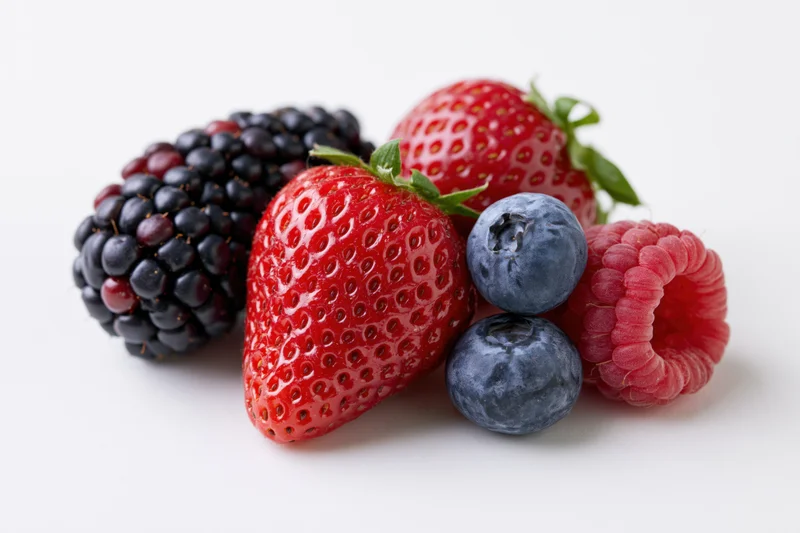 Cluster of fresh strawberries, blackberries, raspberries and blueberries on white background