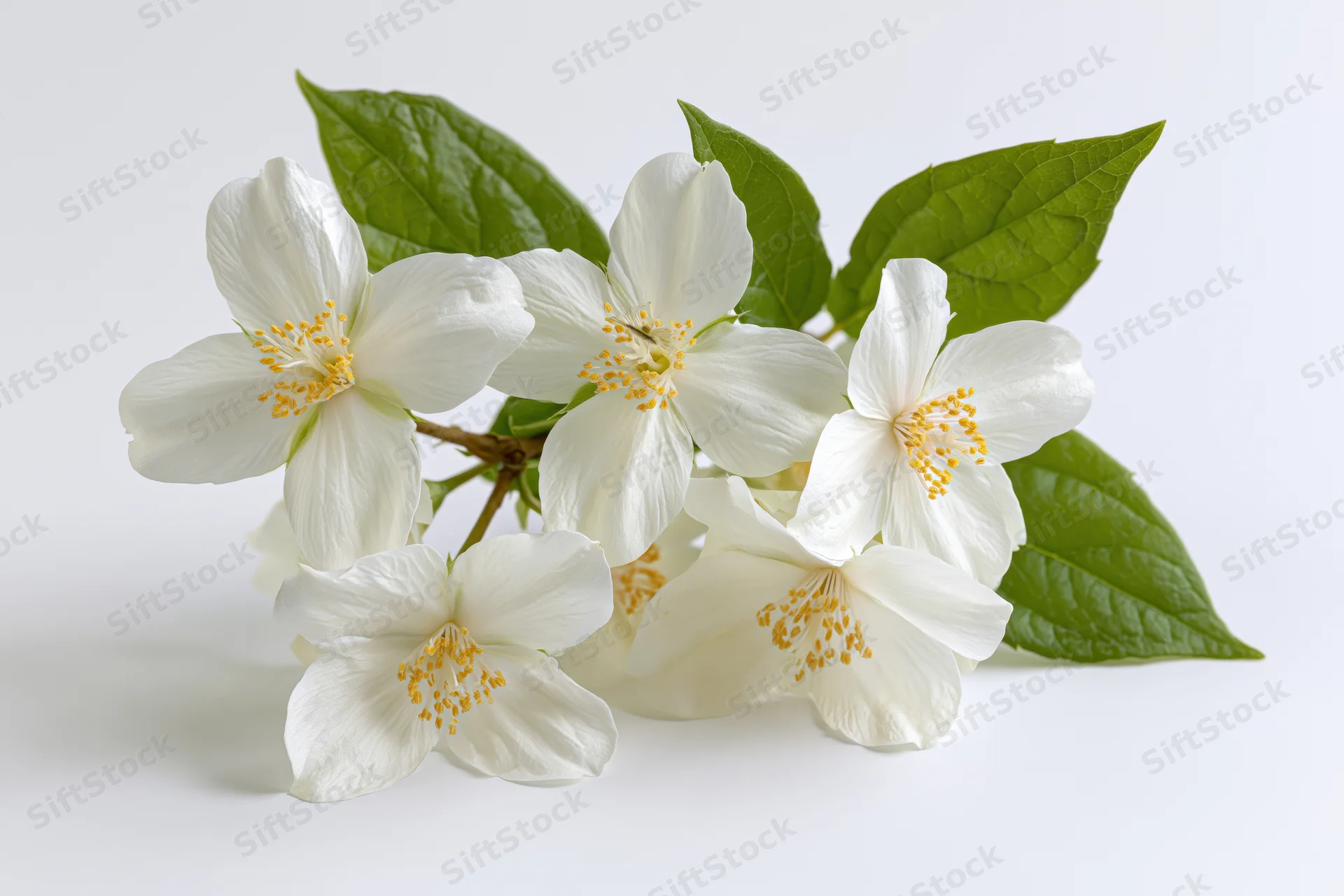 Cluster of white jasmine flowers with yellow stamens and green leaves on white background