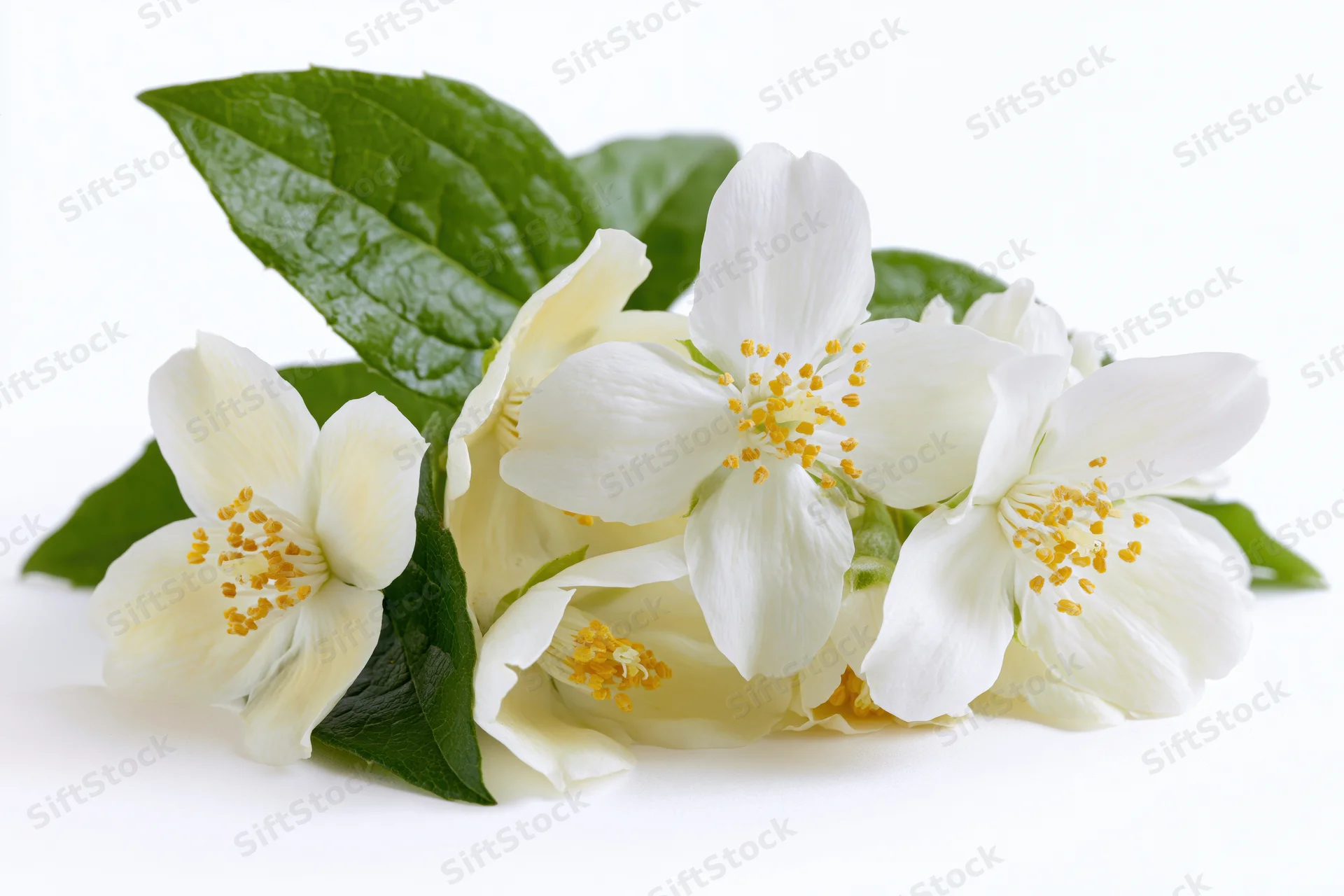 Cluster of white jasmine flowers with yellow stamens and green leaves on white background