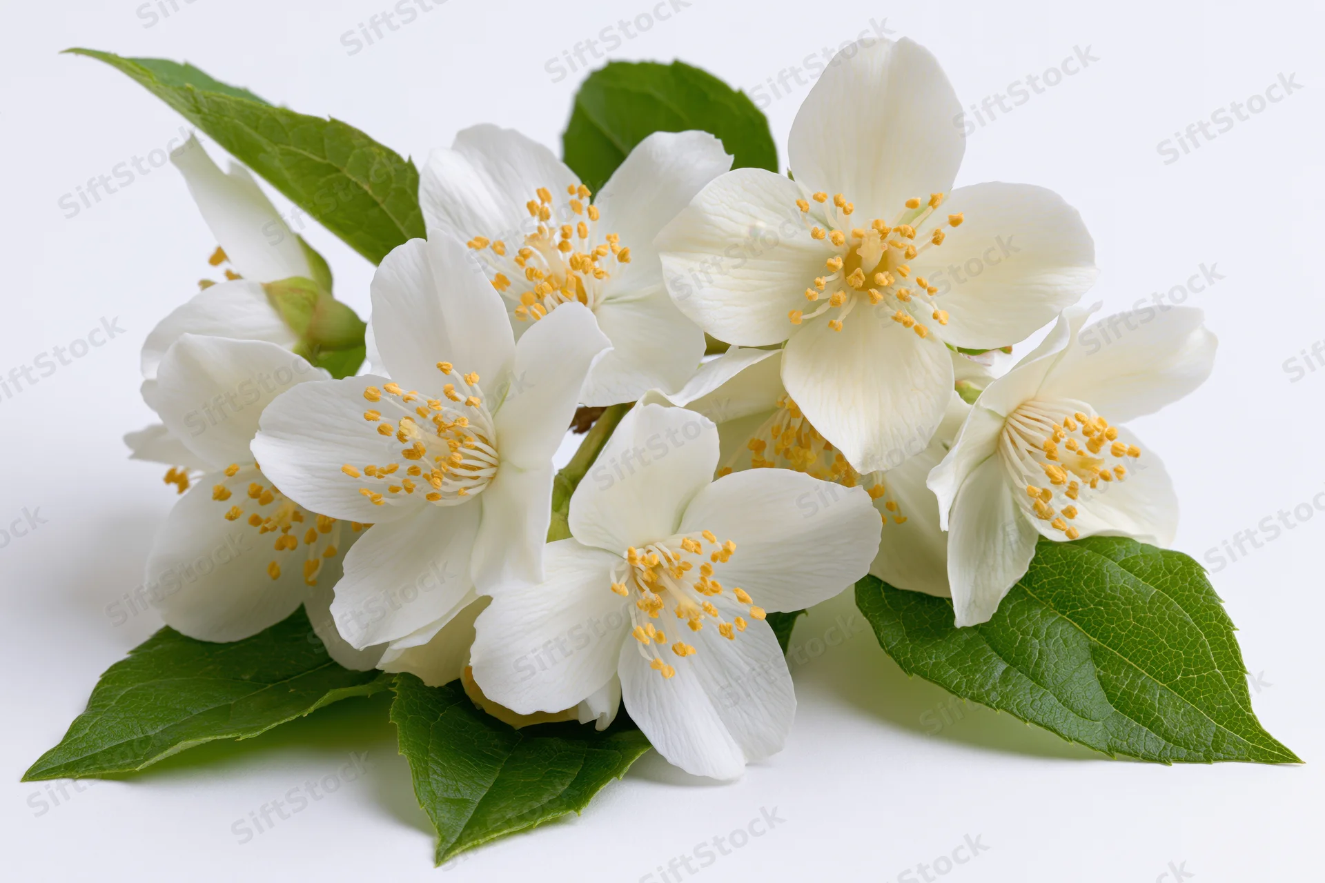 Cluster of white jasmine flowers with yellow stamens and green leaves on white background