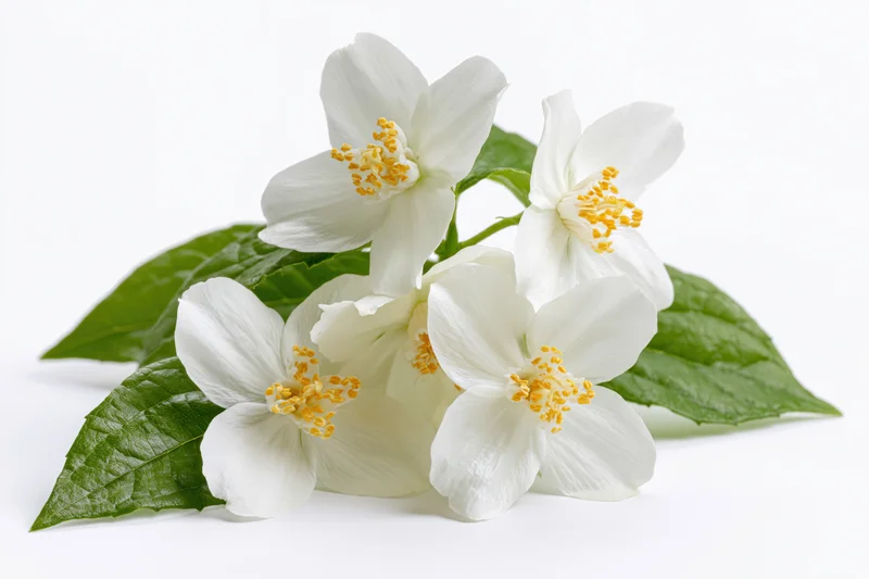 Cluster of white jasmine flowers with yellow stamens and green leaves on white background