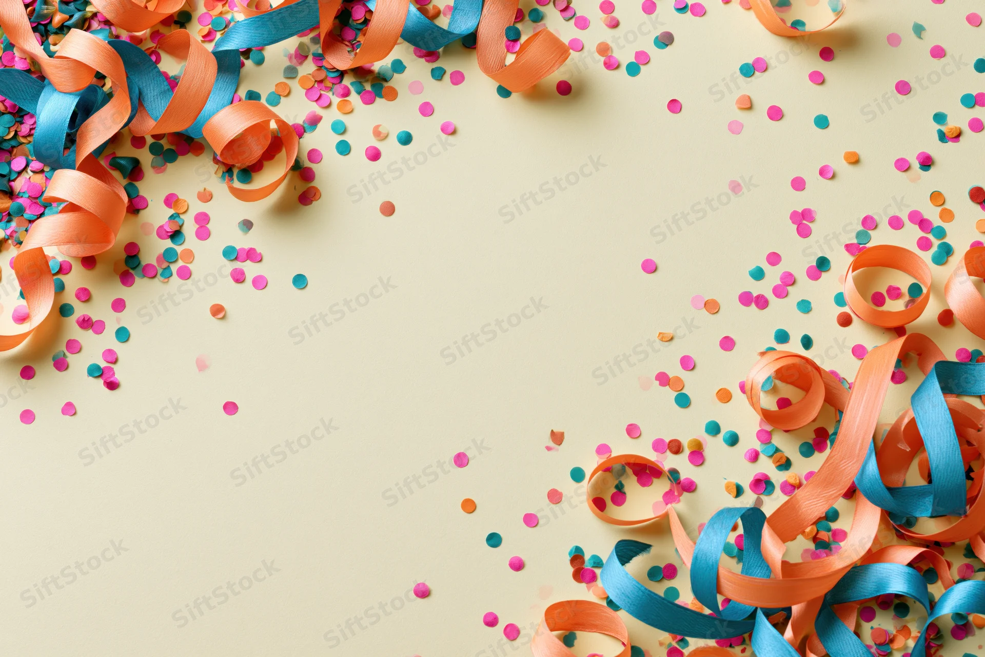 Colorful paper confetti and curled ribbons arranged in corners on a beige surface with copyspace in center