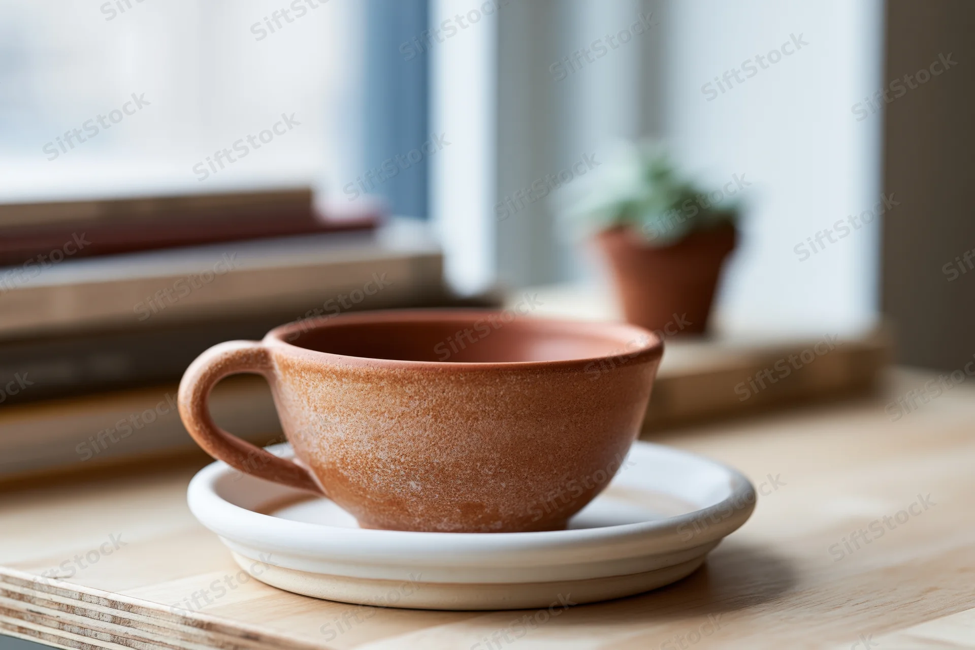 Terracotta ceramic coffee cup on white saucer on wooden table near window