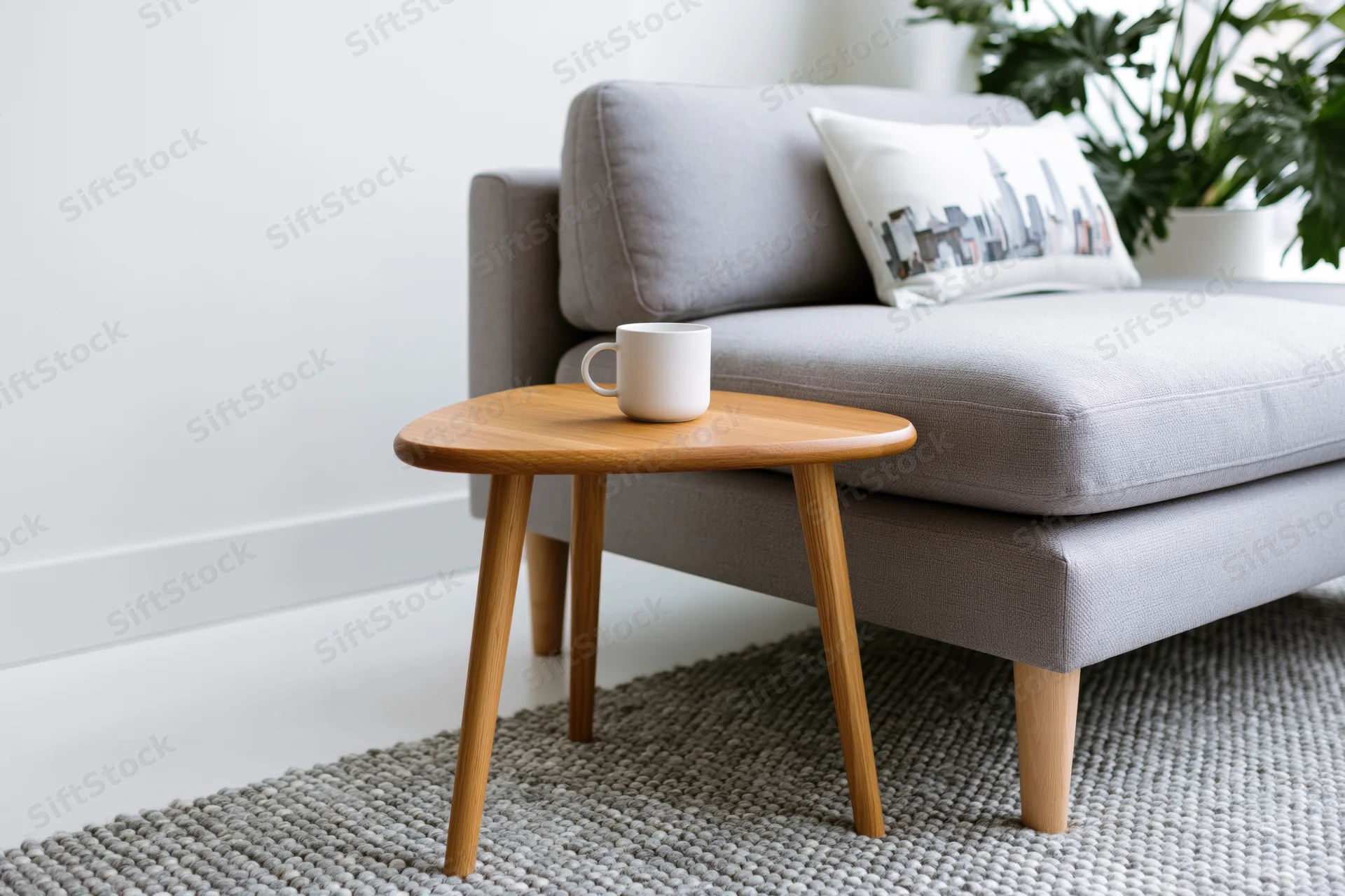 Small wooden side table with white ceramic mug beside gray sofa in living room